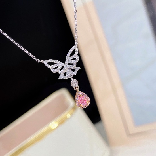 14k Gold 0.25 Ctw Natural Pink Diamond & Diamond & Butterfly Necklace