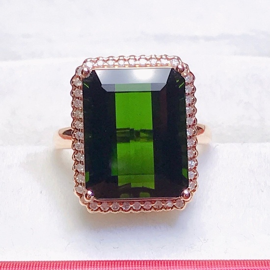 14k Gold 12 Ct Natural Tourmaline & Diamond Ring