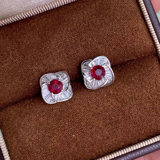14k Gold 2.11 Ctw Natural Ruby & Diamond Earrings