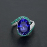 14k Gold 9.52 Ct Natural Tanzanite & Diamond & Art Deco Ring