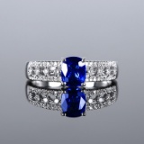 14k Gold 1.39 Ctw Vivid Blue Natural Sapphire & Diamond & Solitaire Ring