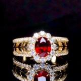 14k Gold 1.49 Ctw Vivid Red Natural Ruby & Diamond & Art Deco Ring