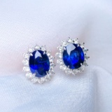 14k Gold 2.45 Ctw Vivid Blue Natural Sapphire & Diamond Earrings