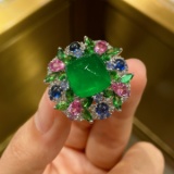 14k Gold 8.68 Ctw Vivid Green Natural Emerald & Diamond Ring