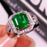 14k Gold 2.97 Ctw Vivid Green Natural Emerald & Diamond Ring