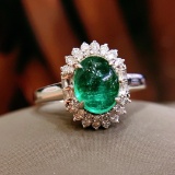 14k Gold 1.80 Ct Natural Emerald & Diamond & Cocktail Ring