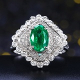 14k Gold 1.86 Ctw Vivid Green Natural Emerald & Diamond Ring