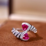 14k Gold 0.76 Ctw Natural Ruby & Diamond & Toi Et Moi Ring