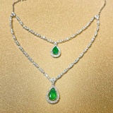 14k Gold 2.38 Ctw Vivid Green Natural Emerald & Diamond Necklace