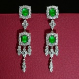 14k Gold 5.27 Ctw Vivid Green Natural Emerald & Diamond Earrings