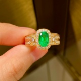 14k Gold 1.45 Ctw Vivid Green Natural Emerald & Diamond Ring