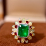 14k Gold 2.73 Ctw Vivid Green Natural Emerald & Diamond Ring