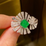 14k Gold 1.54 Ctw Vivid Green Natural Emerald & Diamond Ring