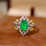 14k Gold 1.03 Ctw Vivid Green Natural Emerald & Diamond Ring