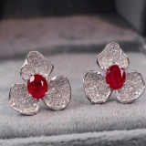 14k Gold 1.88 Ctw Natural Ruby & Diamond & Flowers Earrings