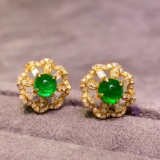 14k Gold 1.17 Ctw Vivid Green Natural Emerald & Diamond Earrings