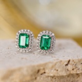 14k Gold 2.89 Ctw Vivid Green Natural Emerald & Diamond Earrings