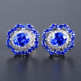 14k Gold 3.55 Ctw Vivid Blue Natural Sapphire & Diamond Earrings