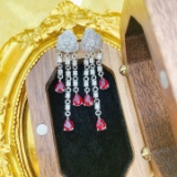 14k Gold 2.12 Ctw Vivid Red Natural Ruby & Diamond & Flowers Earrings