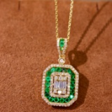 14k Gold 2.41 Ctw Vivid Green Natural Emerald & Diamond Pendant