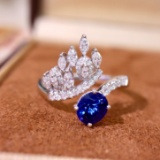 14k Gold 1.50 Ctw Vivid Blue Natural Sapphire & Diamond Ring