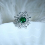 14k Gold 2.87 Ctw Vivid Green Natural Emerald & Diamond Ring