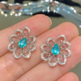 14k Gold 1.1 Ct Natural Paraiba Tourmaline & Diamond & Sapphire Earrings