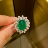 14k Gold 5.82 Ctw Vivid Green Natural Emerald & Diamond Ring