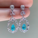 14k Gold 0.8 Ct Natural Paraiba Tourmaline & Diamond & Sapphire Earrings