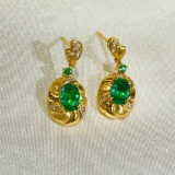 14k Gold 0.8 Ct Vivid Green Natural Emerald & Diamond Earrings