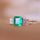 14k Gold 1.58 Ctw Vivid Green Natural Emerald & Diamond Ring