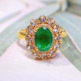 14k Gold 1 Ct Vivid Green Natural Emerald & Diamond & Sapphire Ring/pendant