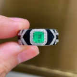 14k Gold 1.17 Ctw Vivid Green Natural Emerald & Diamond Ring