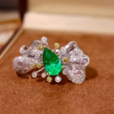 14k Gold 1.96 Ctw Vivid Green Natural Emerald & Diamond Ring