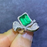 14k Gold 2.24 Ctw Vivid Green Natural Emerald & Diamond Ring