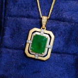 14k Gold 2.65 Ct Vivid Green Natural Emerald & Diamond Pendant