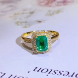 14k Gold 1.29 Ctw Vivid Green Natural Emerald & Diamond Ring