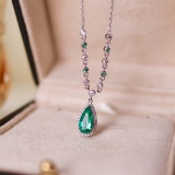 14k Gold 1.47 Ctw Vivid Green Natural Emerald & Diamond Necklace