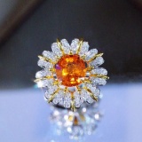 14k Gold 3.56 Ctw Natural Spessartine & Diamond & Flowers Ring