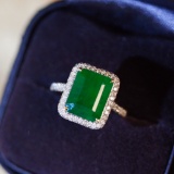 14k Gold 4.67 Ctw Vivid Green Natural Emerald & Diamond Ring