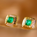 14k Gold 2.15 Ctw Vivid Green Natural Emerald & Diamond Earrings