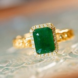 14k Gold 1.30 Ct Vivid Green Natural Emerald & Diamond Ring