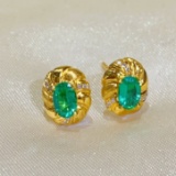 14k Gold 0.85 Ct Natural Emerald & Diamond Earrings