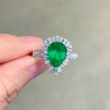 14k Gold 3.18 Ctw Vivid Green Natural Emerald & Diamond Ring