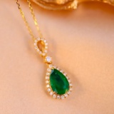 14k Gold 1.91 Ctw Vivid Green Natural Emerald & Diamond Necklace