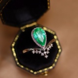 14k Gold 1.64 Ctw Vivid Green Natural Emerald & Diamond Ring