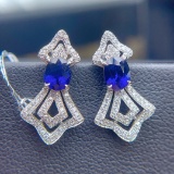 14k Gold 1.49 Ct Vivid Blue Natural Sapphire & Diamond Earrings