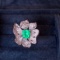 14k Gold 0.87 Ct Natural Emerald & Diamond & Flowers Ring