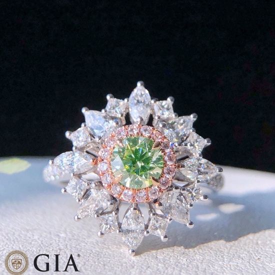 Gia Certified 14k Gold 2.64 Ctw Natural Green Diamond & Diamond & Cocktail Ring