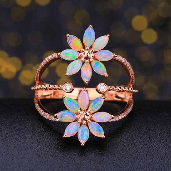 14k Gold 1.03 Ctw Natural Opal & Diamond & Art Deco Ring